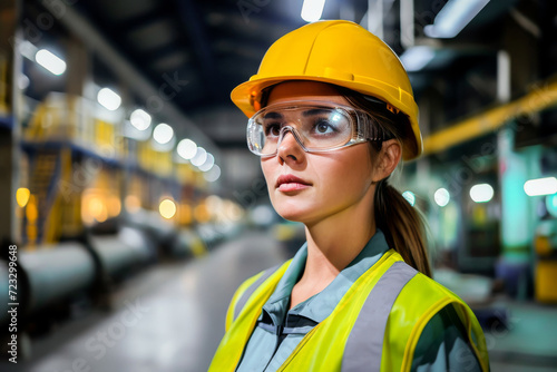 Confident female engineer with safety helmet and glasses standing in an industrial manufacturing plant.