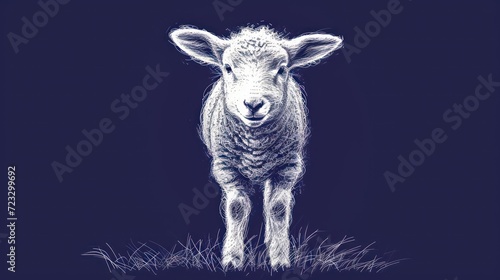  a black and white drawing of a baby sheep standing on top of a grass covered field in front of a dark blue background with a white outline of the head.