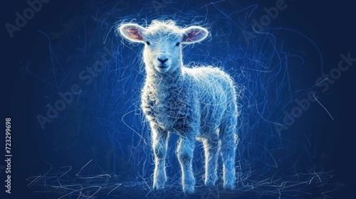  a painting of a sheep standing on a blue background with lines coming out of the sheep's ear and the sheep's head is looking at the camera.