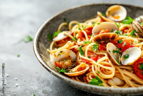 Close up of Nordic design bowl with spaghetti alle vongole in tomato seafood jus with copy space photo