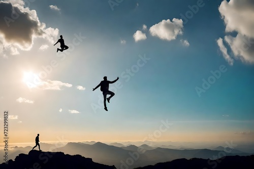 silhouette of a person jumping on a mountain top