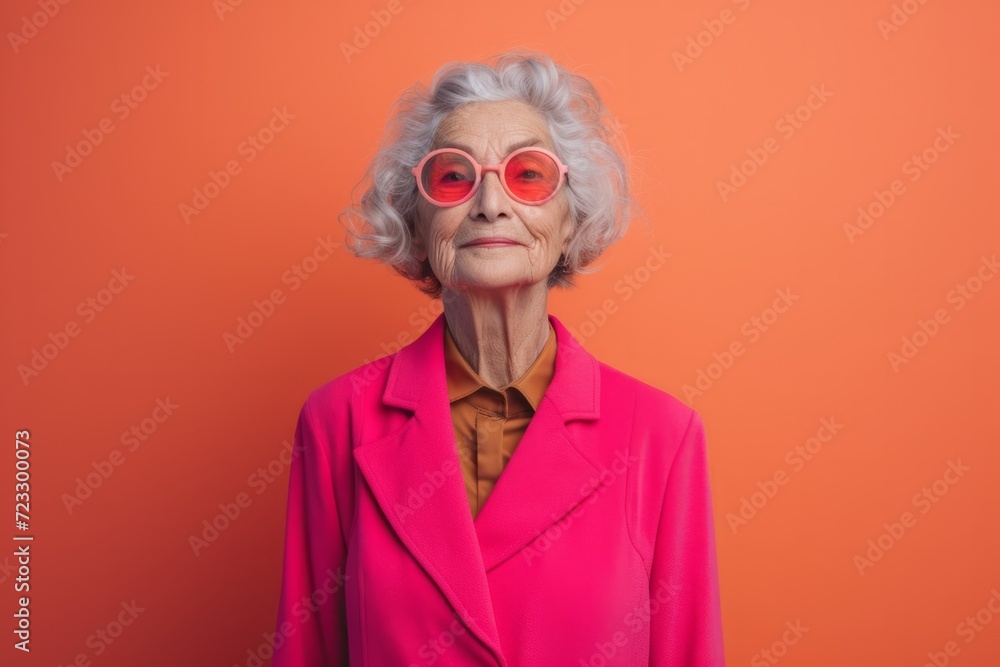 Stunning Senior Woman Strikes Pose In Stylish Attire Against Vibrant Studio Backdrop - Perfect Symmetry And Plenty Of Space For Text