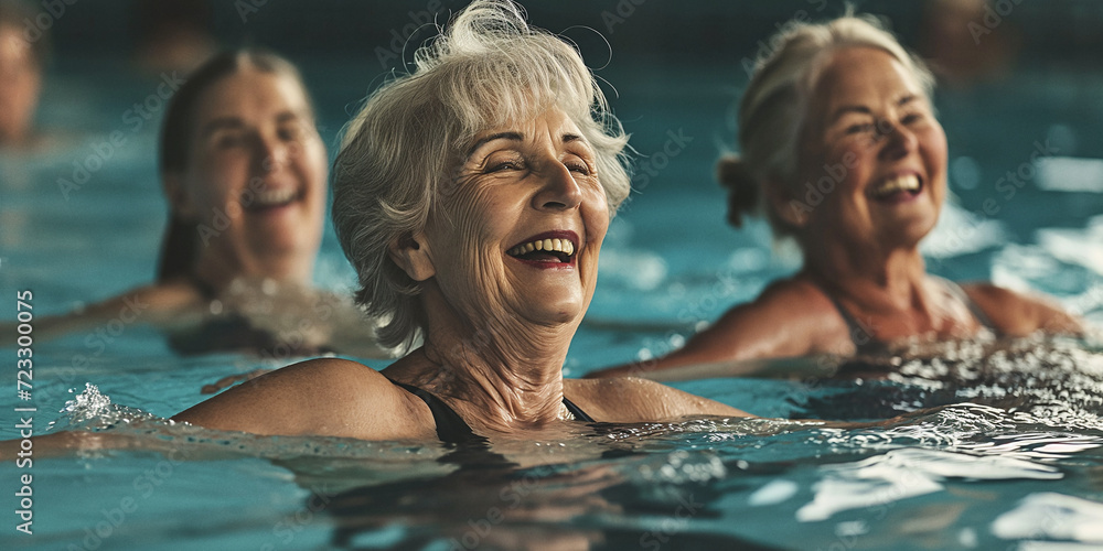 Fototapeta premium A jubilant group of middle-aged adults enjoy a refreshing dip in the sparkling pool, their radiant faces illuminated by the warm sun and their spirits lifted by the invigorating sport of swimming