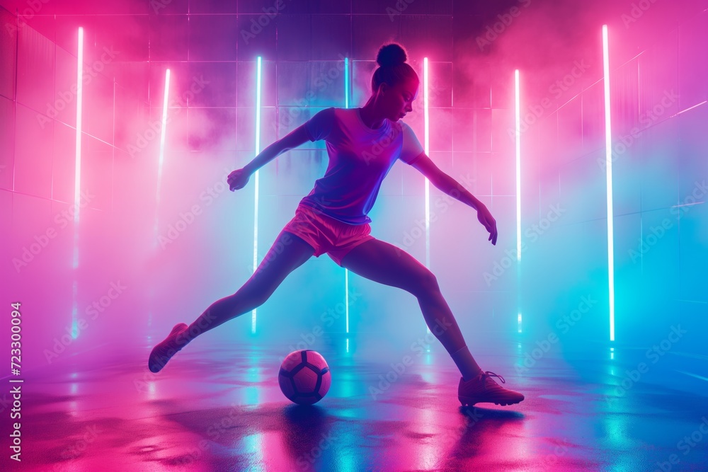 Energetic Female Soccer Player Trains With Football Under Vibrant Neon Lights