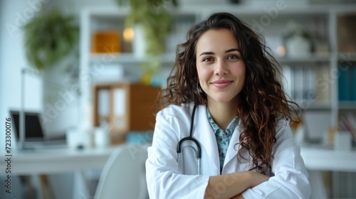 A female doctor in a white coat sits at her desk and looks at the camera