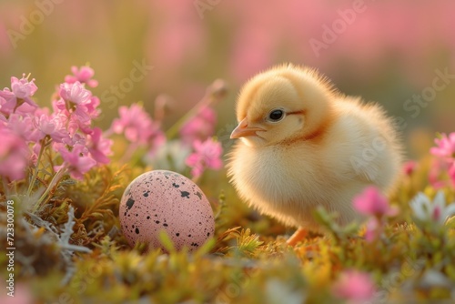 An adorable baby bird next to an Easter egg