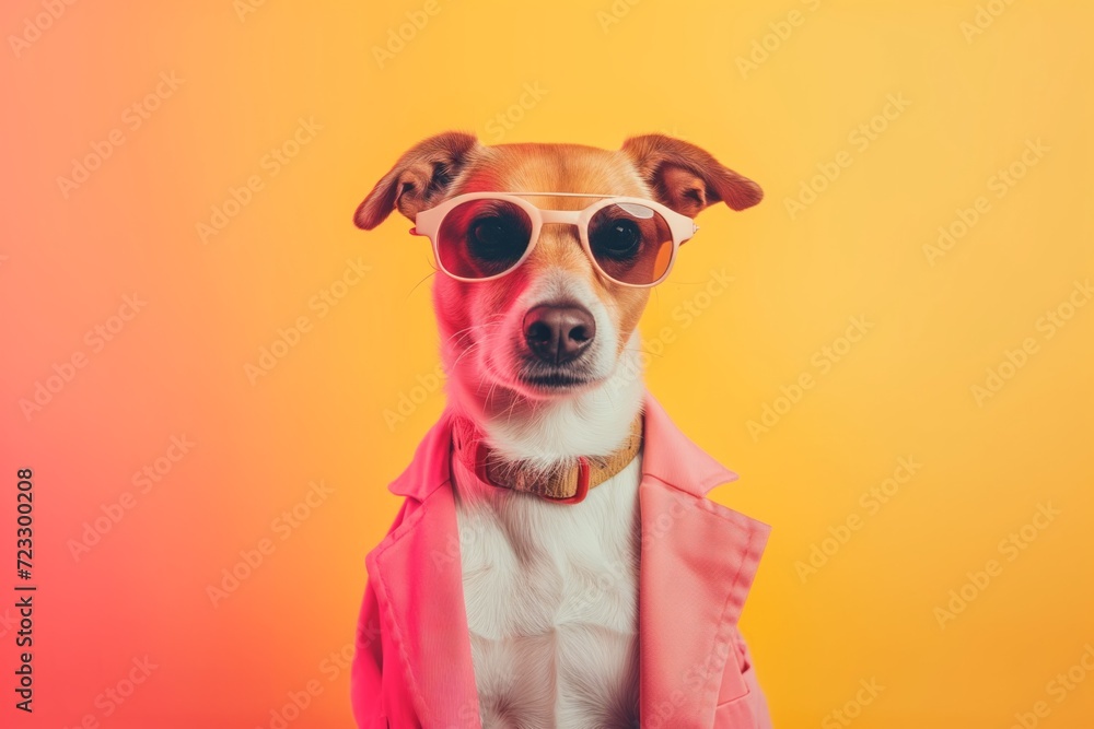 Fashionforward Dog In Trendy Attire Strikes Pose, Offering Customizable Banner Fashionforward Dog In Trendy Attire Strikes Pose, Offering Customizable Banner