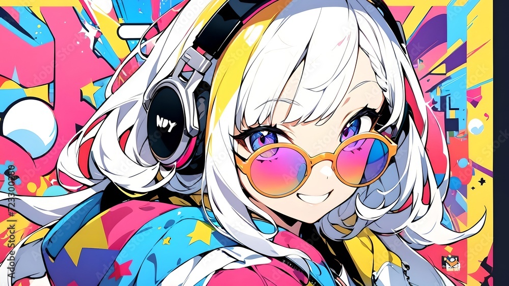 Cute anime girl with glasses and headphones, vector drawing, anime background