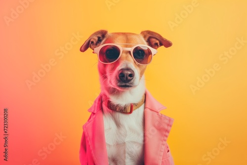 Fashionforward Dog In Trendy Attire Strikes Pose, Offering Customizable Banner © Anastasiia