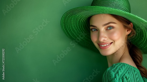 A woman in a large green hat stands smiling and looking at the camera on a gr...