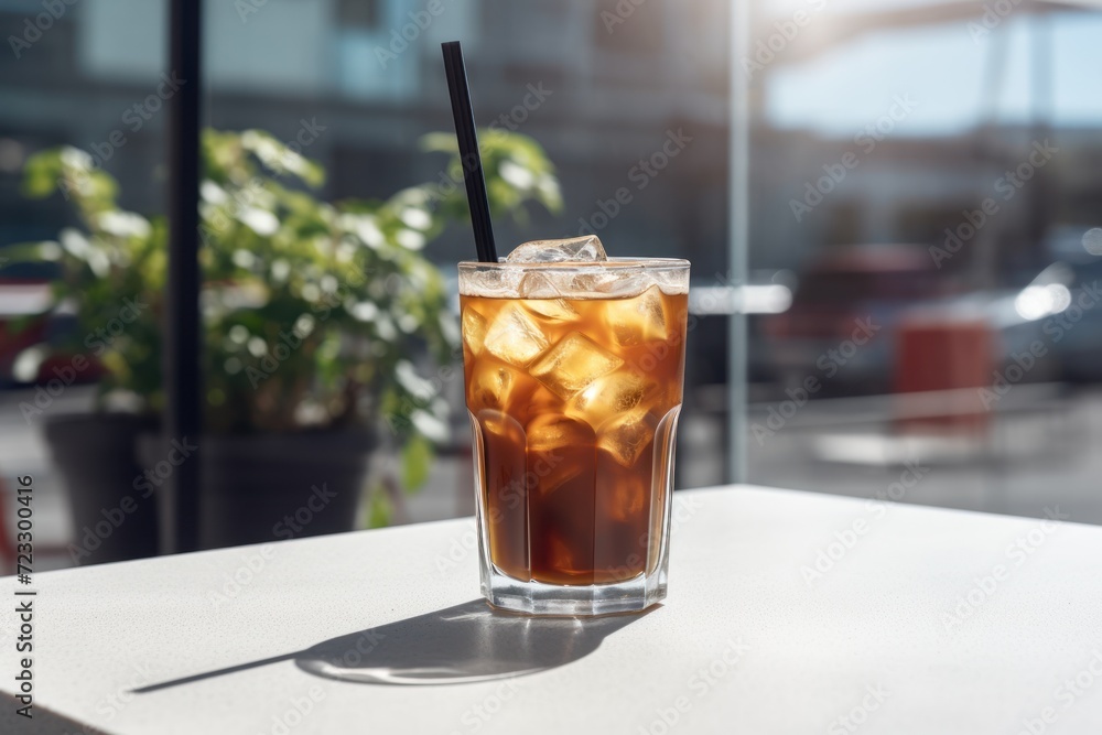 Iced coffee in a trendy cafe, bathed in morning sunlight Iced coffee in a trendy cafe, bathed in morning sunlight