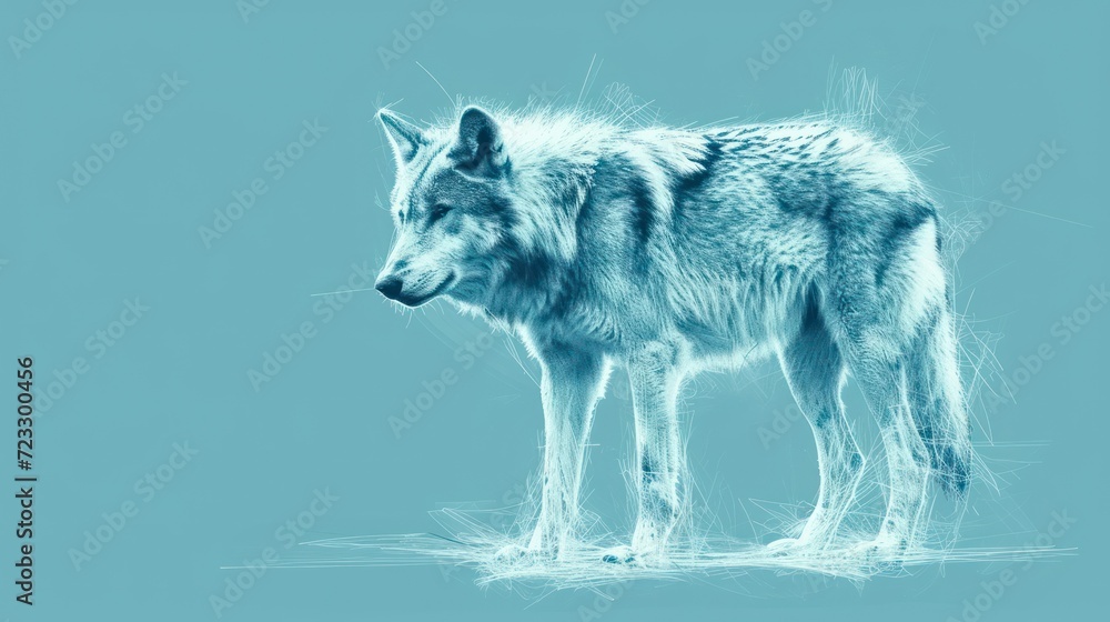  a white wolf standing on top of a blue floor next to a light blue wall and a black and white picture of a wolf on the side of a light blue background.