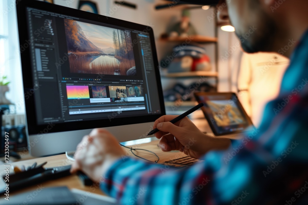 Graphic Designer Using Touchscreen Monitor And Stylus Pen To Edit Images Photographer Retouching Photos Graphic Designer Using Touchscreen Monitor And Stylus Pen To Edit Images Photographer Retouching Photos