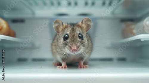A small gray mouse with big eyes sits on an empty refrigerator shelf and look...