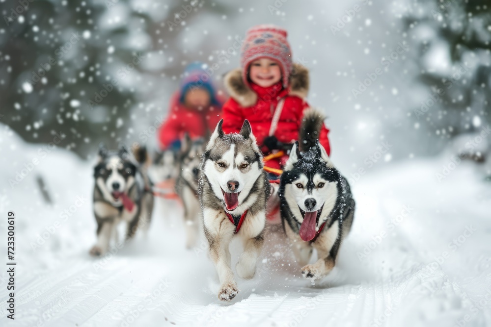 Happy Children Sledding In Dog Sledding Team Happy Children Sledding In Dog Sledding Team