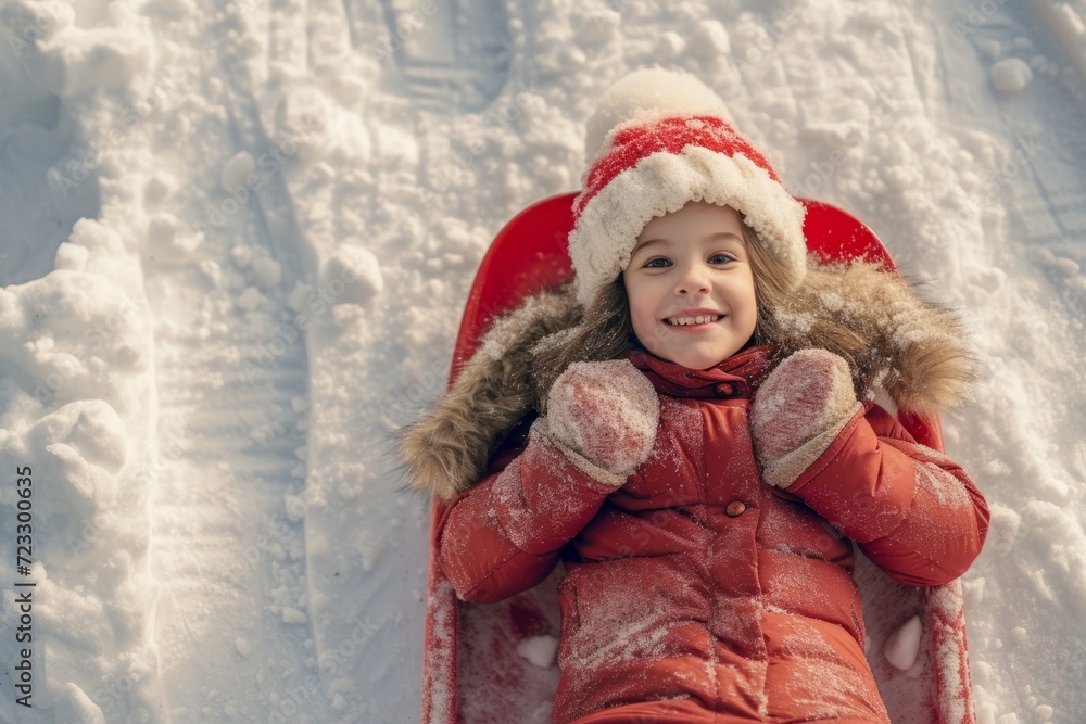 Joyful Girl Engaging In Sledding Activity Captured In A Flawlessly Symmetrical Photograph With A Well-Balanced Composition And Ample Room For Text Joyful Girl Engaging In Sledding Activity Captured In A Flawlessly Symmetrical Photograph With A Well-Balanced Composition And Ample Room For Text