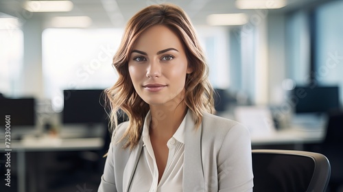 Business woman headshot in sunny office unknown businesswoman sitting behind computer monitor