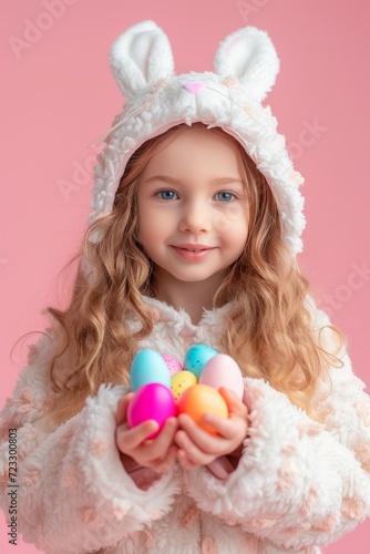 A little girl in a white hare costume holds colorful Easter eggs in her hands on a pink minimalistic background