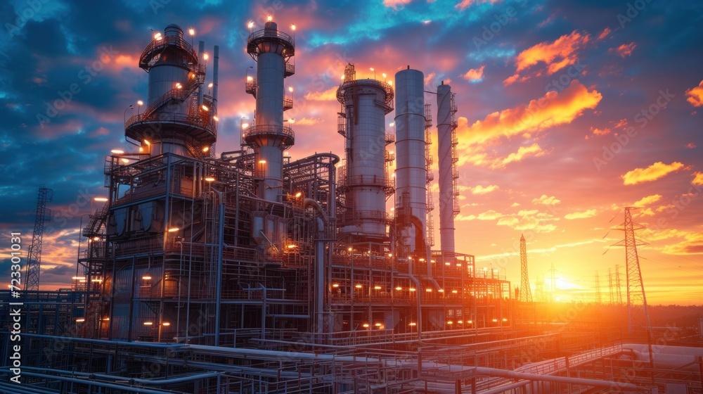 Oil refinery at sunrise, petrochemical plant, petrochemical industry