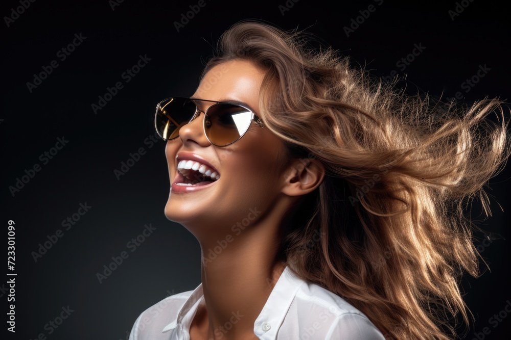 A woman wearing sunglasses and a white shirt. Suitable for fashion and lifestyle themes A woman wearing sunglasses and a white shirt. Suitable for fashion and lifestyle themes