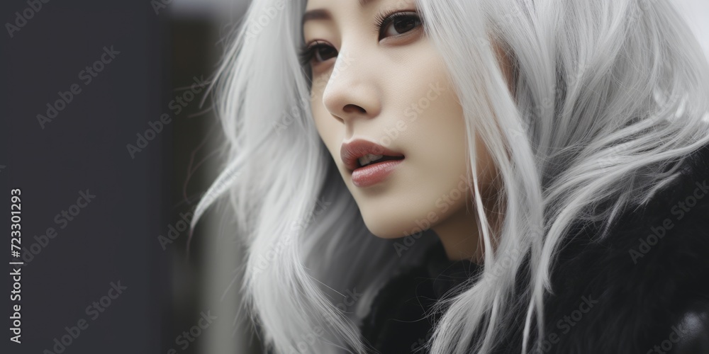 A woman with white hair wearing a black jacket. Versatile image suitable for various uses