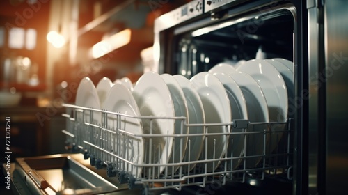 A bunch of white plates neatly arranged inside a dishwasher. Perfect for kitchenware or household product advertisements
