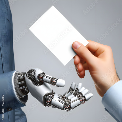 Explore the dynamics of human-robot interaction through an image of a human hand offering a electric card to a robot hand. Consider depicting the exchange as a moment of curiosity, communication