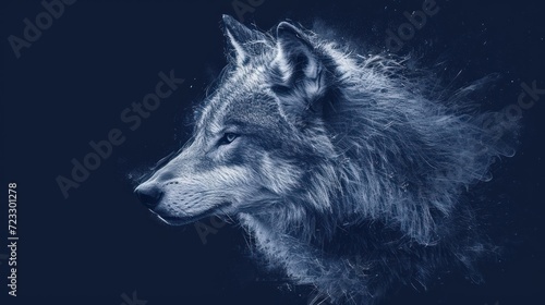  a close up of a wolf's head on a black background with a blurry image of the wolf's head on the left side of the image, and the wolf's head on the right side of the other side of the image.