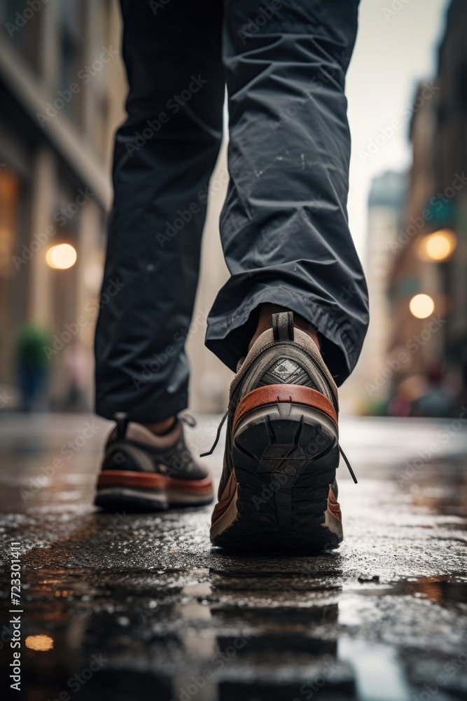 A close up view of a person's shoes on a wet street. Can be used to depict rainy weather or urban city life. A close up view of a person's shoes on a wet street. Can be used to depict rainy weather or urban city life.