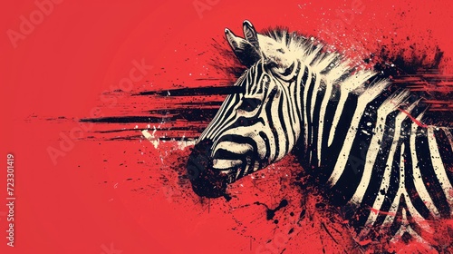  a zebra standing in front of a red background with paint splatters on it's face and neck, with a black and white zebra's head in the foreground.