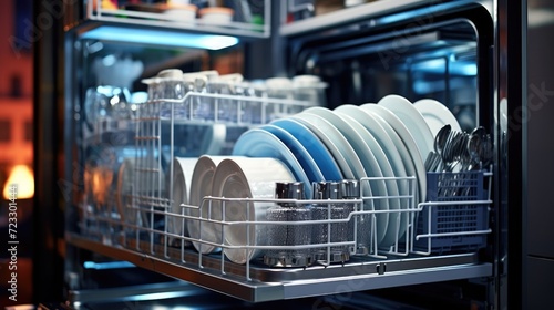 A bunch of dishes stacked neatly in a dishwasher. Perfect for illustrating household chores and cleanliness