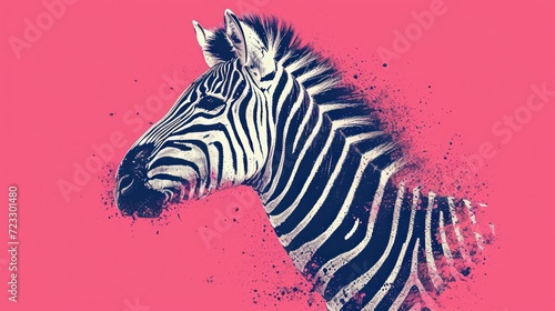 a close up of a zebra s head with pink and blue paint splatters on the back of it s head and a black and white zebra s head on a pink background.
