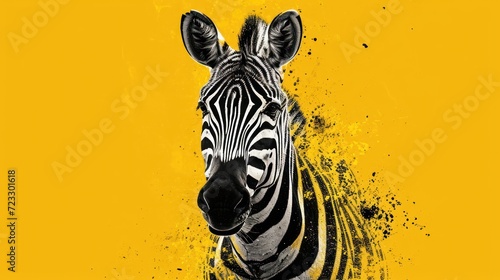  a close up of a zebra s face with yellow paint splattered on the back of the zebra s head and the zebra s head is looking at the camera.