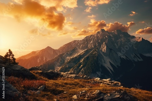 Sun setting over a beautiful mountain range. Perfect for nature and landscape photography. © Fotograf