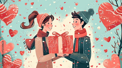 Heartfelt Gift Exchange. Joy of gift-giving and receiving on Valentine's Day, showcasing a moment of heartfelt exchange between a couple.