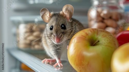 A small gray mouse with big eyes sits on an empty refrigerator shelf and look...