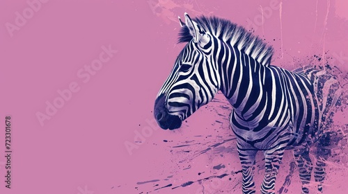  a zebra standing in front of a pink wall with paint splatters on it's face and neck, in front of a pink background of a pink wall.