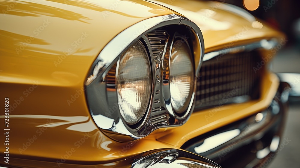 A detailed view of the front of a yellow car. This image can be used for automotive-related projects or to showcase the vibrant color of the vehicle
