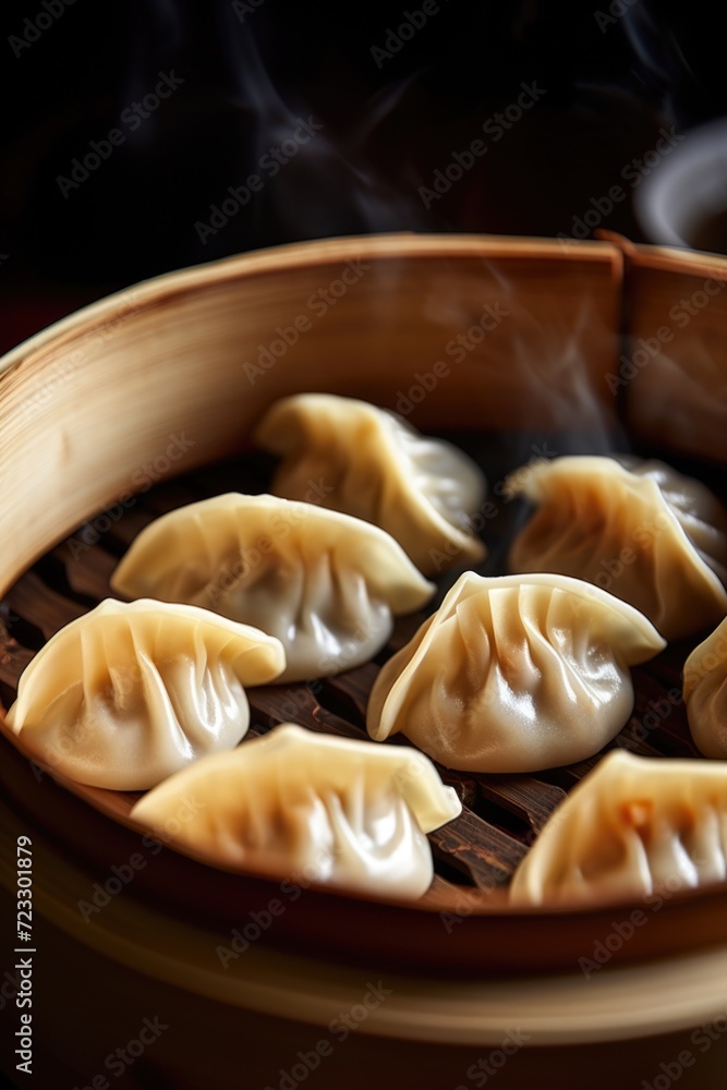 A wooden bowl filled with dumplings sitting on top of a table. Perfect for food and cooking related projects A wooden bowl filled with dumplings sitting on top of a table. Perfect for food and cooking related projects