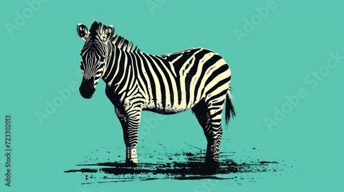  a black and white zebra standing on top of a puddle of water on a teal green background with a black and white stripe on the side of the zebra.
