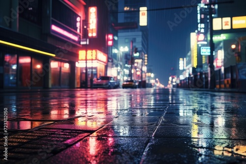 A rainy city street illuminated by vibrant neon lights. Perfect for urban and nightlife themes