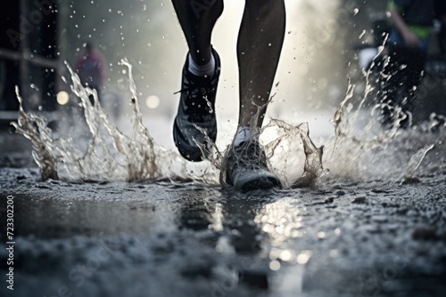 A person's feet splashing water in a puddle. This image can be used to portray the joy of rainy days or the excitement of playing in water © Fotograf
