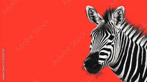  a close up of a zebra s head on a red background with a black and white drawing of a zebra s head on it s left side.