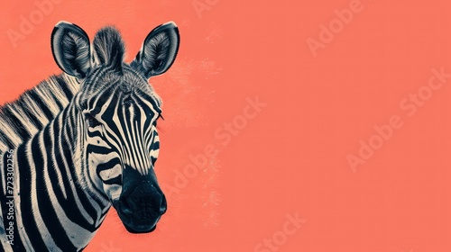  a close up of a zebra s head on a red background with a black and white image of a zebra on the left side of the image  and a black and white zebra on the right side of the right.