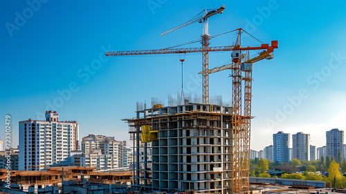 Sunny Skies Overseeing Construction with Tower Cranes