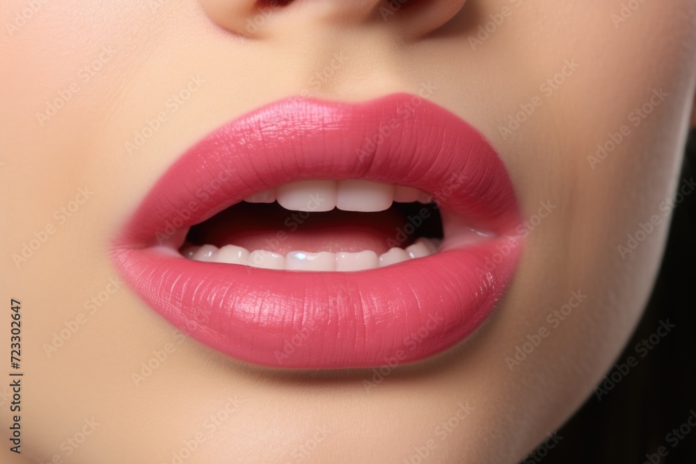 A close-up view of a woman's mouth with vibrant pink lipstick. Perfect for beauty and makeup concepts A close-up view of a woman's mouth with vibrant pink lipstick. Perfect for beauty and makeup concepts