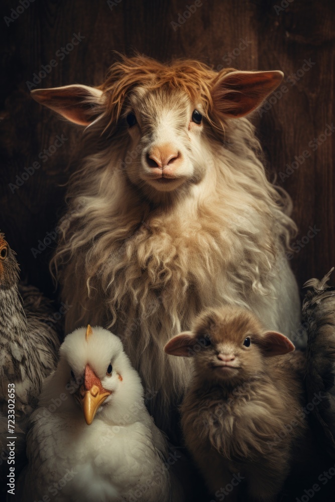 Obraz premium A group of chickens and a sheep standing next to each other. Perfect for farm or agriculture-related projects