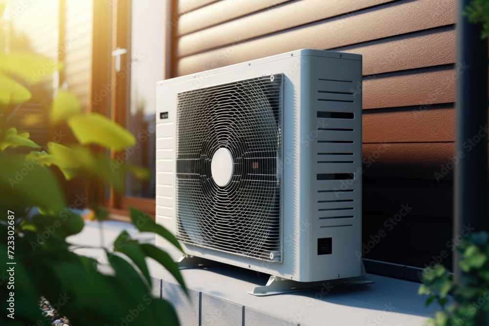 A compact and efficient white air conditioner placed on a window sill. Ideal for cooling small spaces A compact and efficient white air conditioner placed on a window sill. Ideal for cooling small spaces