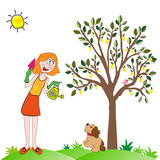 Mujer con su perro regando un árbol frutal.