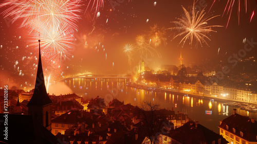 new year fireworks over Zurich city center with famous Fraumunster and Grossmunster Churches and river Limmat at Lake Zurich, Canton of Zurich, Switzerland photo